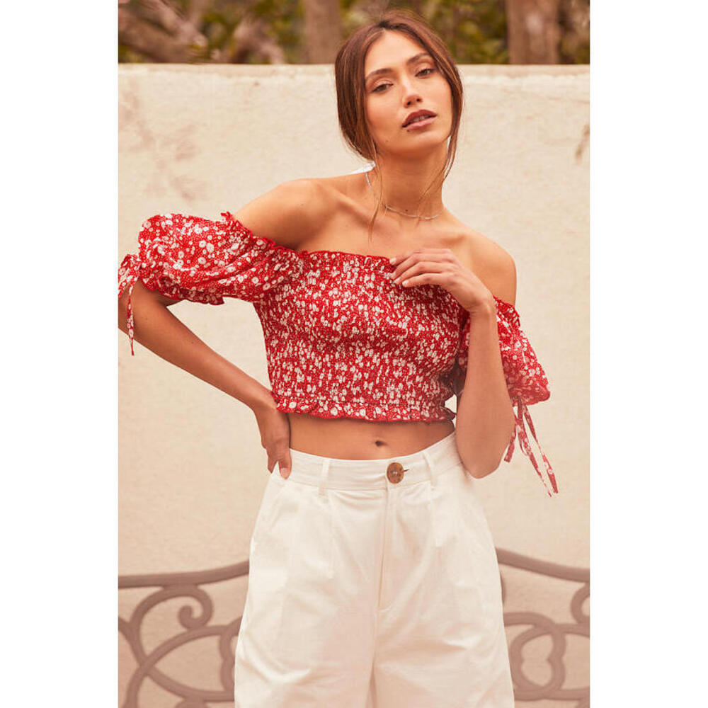 Lulus Red Floral Print Puff Sleeve Top - Size XL